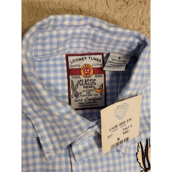 Looney Tunes Embroidered Coyote Plaid Button Down Shirt Vintage Small S NWT - Picture 9 of 9
